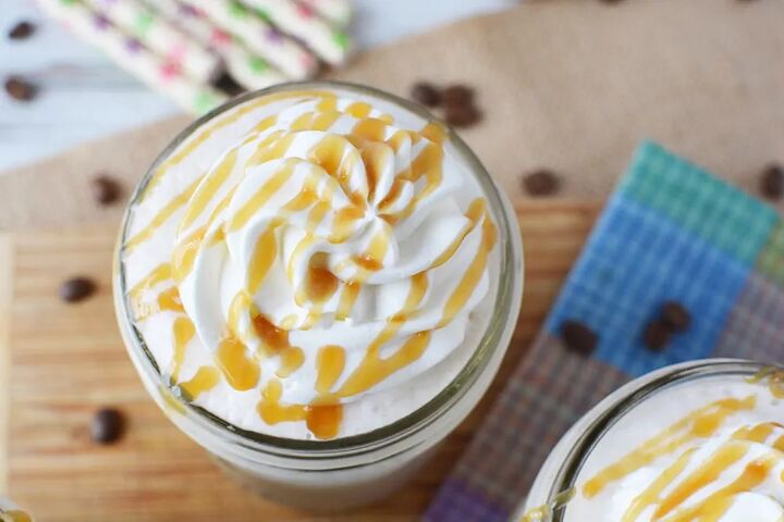 icy and creamy caramel frappuccino recipe, Caramel topping on whipped cream