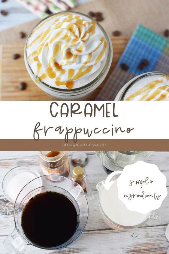 icy and creamy caramel frappuccino recipe, Caramel frappuccino overhead shot and ingredients lined up