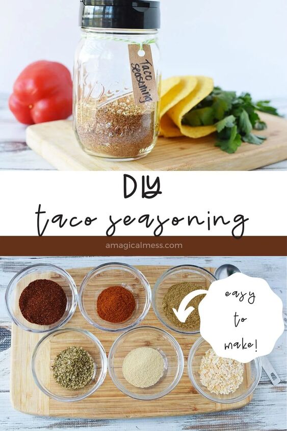 homemade taco seasoning mix, Taco seasoning in a jar and spices in little bowls