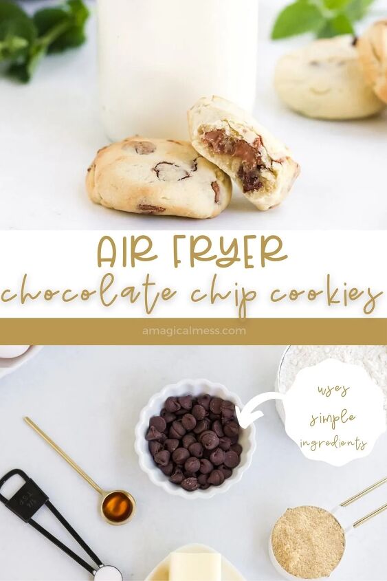 5 minute chocolate chip air fryer cookies, Cookies in front of air fryer and shot of ingredients