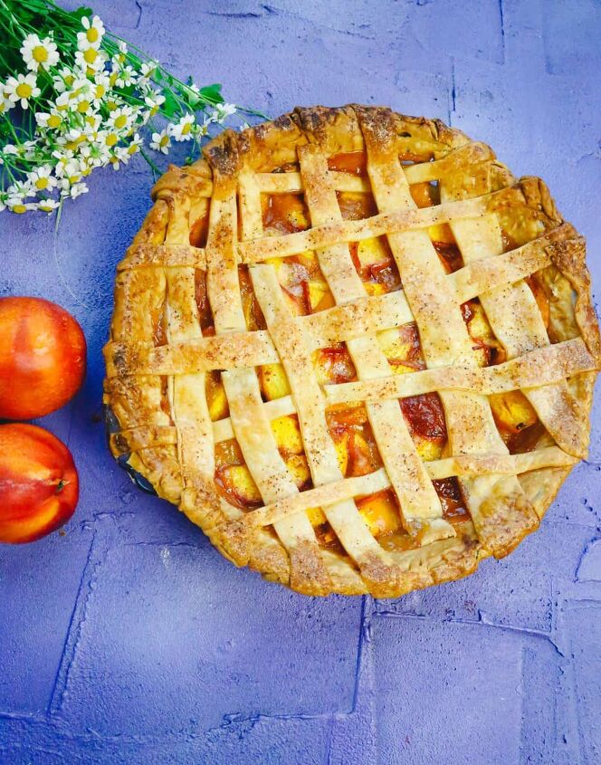 honey peach pie homemade, Golden brown pie made with a lattice crust and homemade peaches