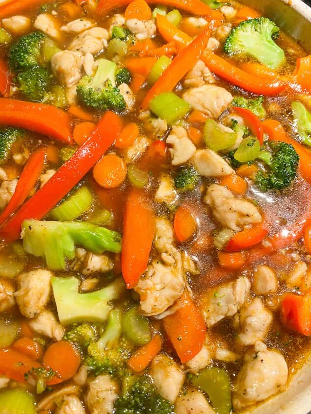 is orange chicken healthy recipe included, Add all the veggies to this orange chicken stir fry