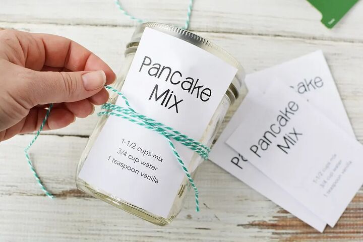 homemade pancake mix recipe to stock your pantry, Jar of pancake mix with printable and string