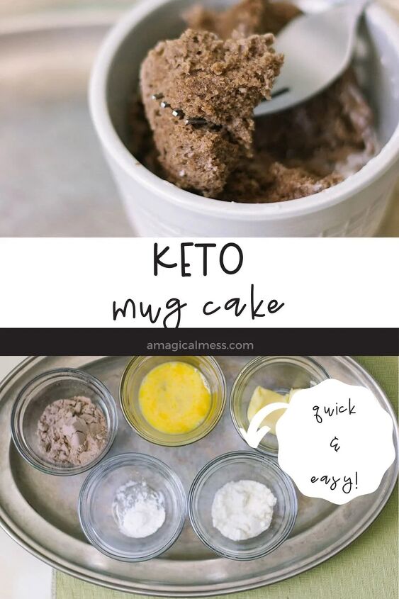 keto chocolate mug cake, Keto chocolate mug cake on a fork and ingredients in bowls