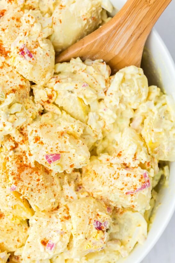 how to make traditional potato salad recipe this weekend, up close over the top yellow potato salad