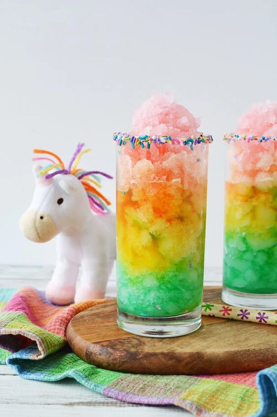rainbow unicorn slush icy lemonade, Unicorn slush in rainbow layers in glass