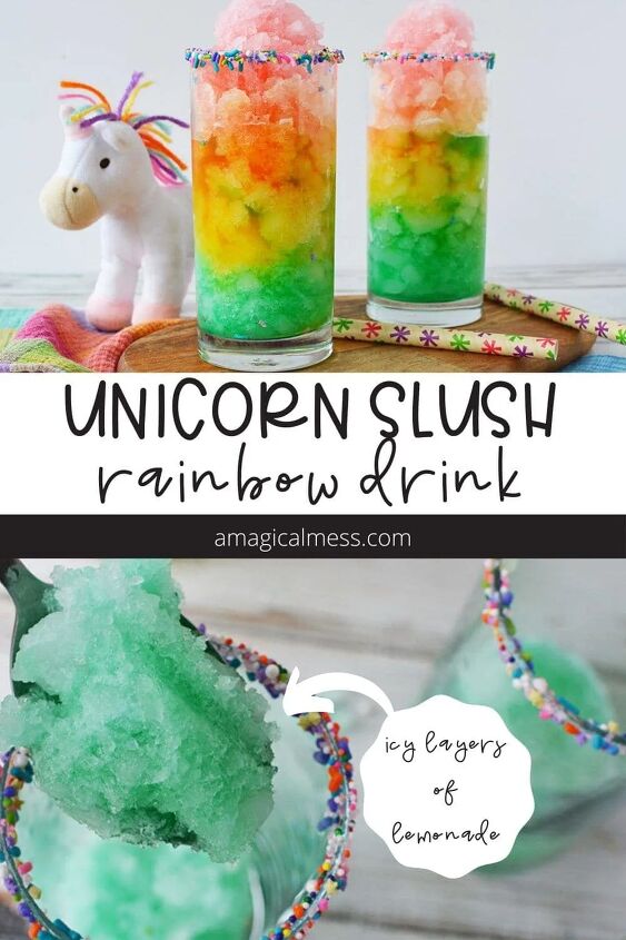 rainbow unicorn slush icy lemonade, Rainbow slushies in two glasses next to a toy and spoonful of green slush in the glass