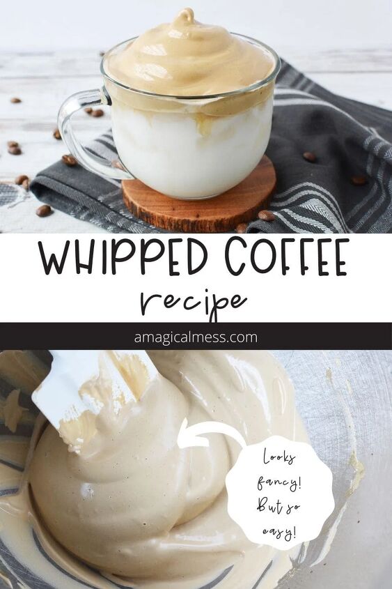 easy iced dalgona whipped coffee recipe, Whipped coffee in a mug and in a mixing bowl