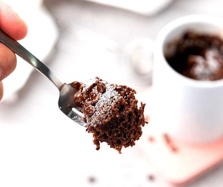 vegan brownie in a mug quick and easy chocolate dessert, forkful of vegan mug brownie