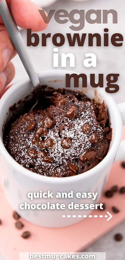 vegan brownie in a mug quick and easy chocolate dessert, Vegan brownie in a mug quick and easy chocolate dessert woman taking a spoonful of the vegan mug brownie