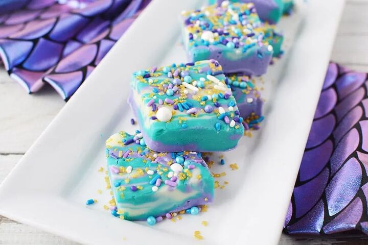 purple and blue swirl mermaid candy fudge, Mermaid candy sliced on a plate