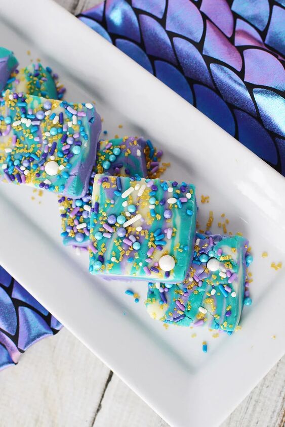 purple and blue swirl mermaid candy fudge, Mermaid candy fudge sliced on a serving platter