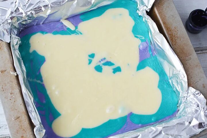 purple and blue swirl mermaid candy fudge, Melted mermaid candy in pan