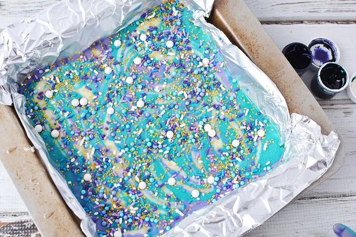 purple and blue swirl mermaid candy fudge, Mermaid fudge in pan with sprinkles
