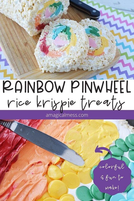 rainbow pinwheel rice krispies treats recipe, Sliced rainbow rice krispie treats and melted candy melts