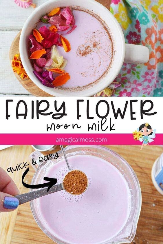 warm and cozy fairy flower moon milk, Pink moon milk with flowers on top