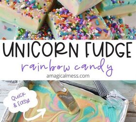 easy rainbow unicorn fudge recipe, Unicorn rainbow fudge in a pan and sliced on a plate