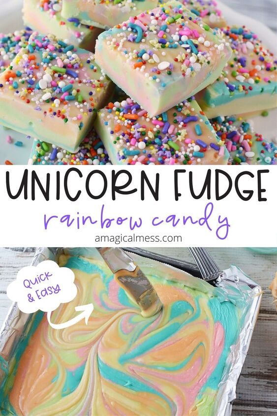 easy rainbow unicorn fudge recipe, Unicorn rainbow fudge in a pan and sliced on a plate