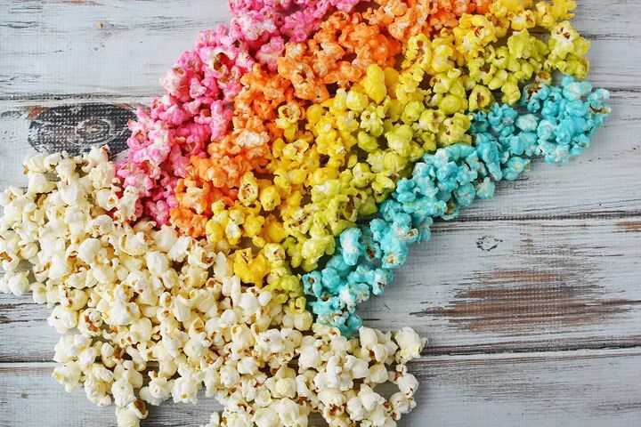 rainbow popcorn snack or party mix, Popcorn displayed in a rainbow
