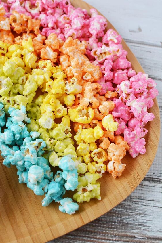 rainbow popcorn snack or party mix, Rainbow popcorn on a serving platter