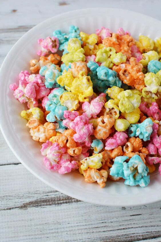 rainbow popcorn snack or party mix, Unicorn popcorn mixed into a bowl