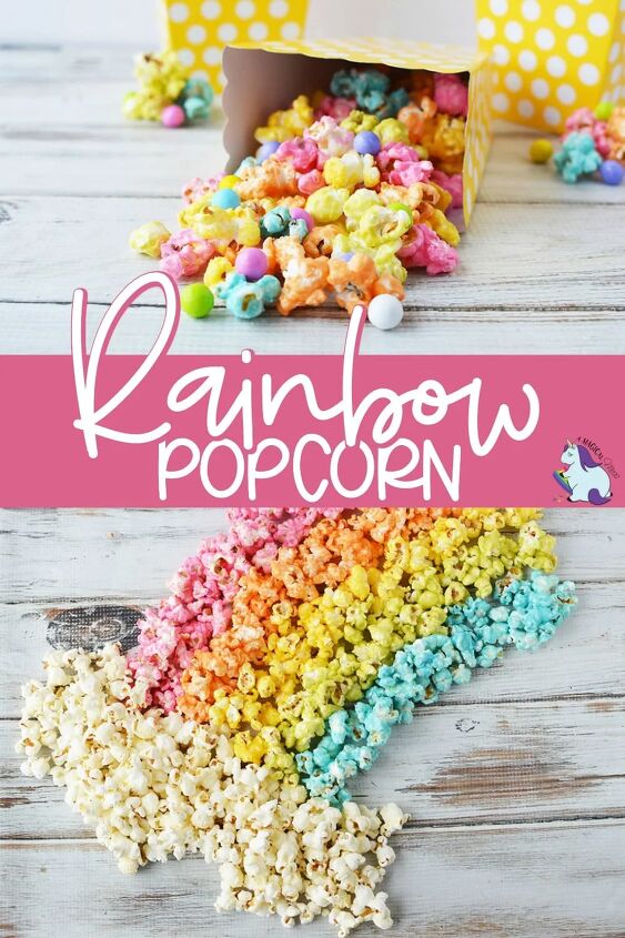 rainbow popcorn snack or party mix, Rainbow unicorn popcorn in a box and on a board