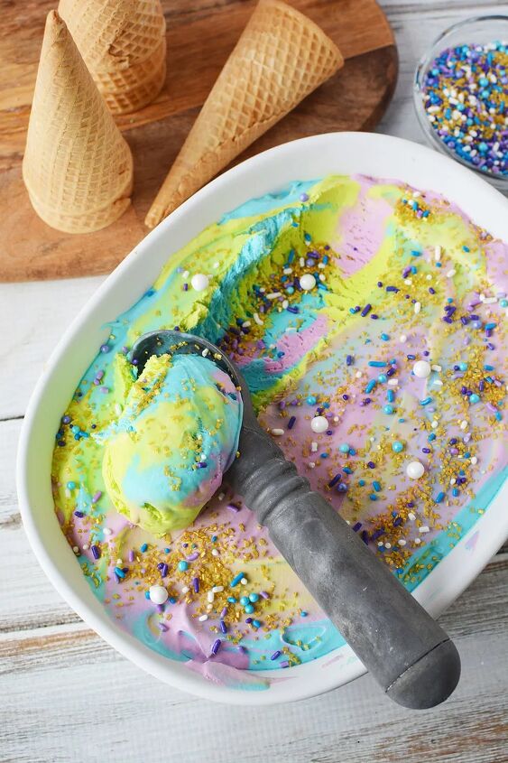 homemade mermaid ice cream recipe, Scooping mermaid ice cream out of the pan