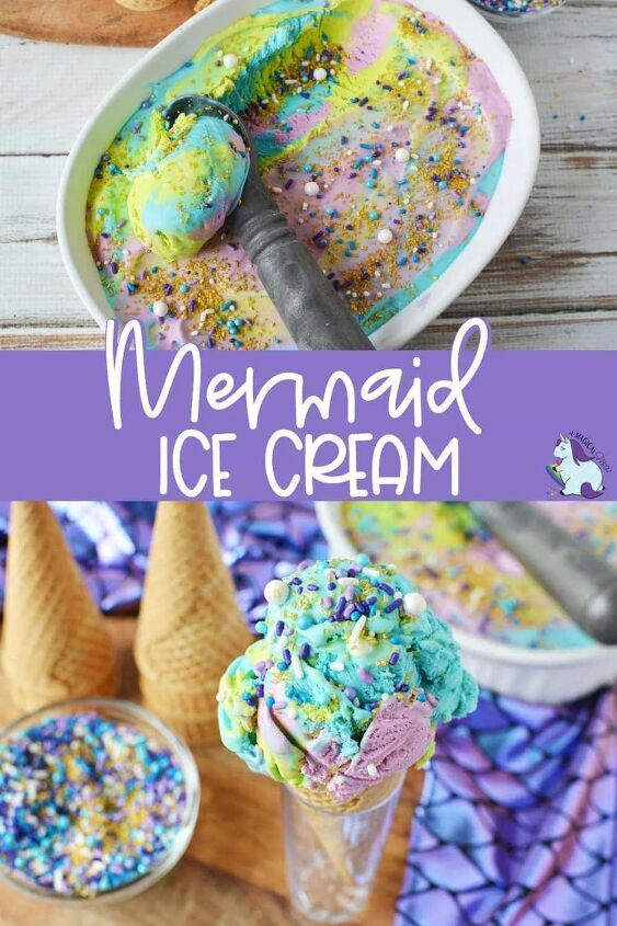 homemade mermaid ice cream recipe, Mermaid ice cream in the dish and in a cone