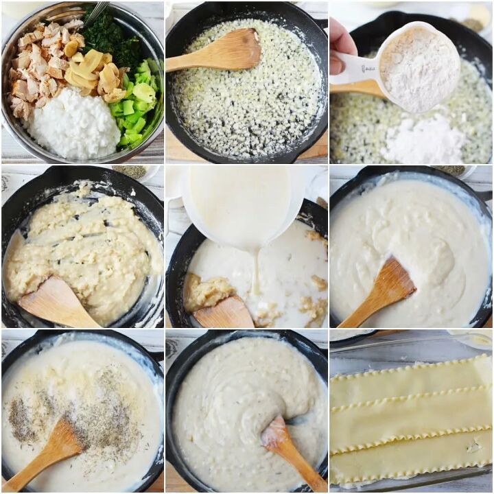 creamy chicken and spinach lasagna recipe, Spinach chicken and veggies in a pan along with a collage of other images showing the steps to make chicken lasagne