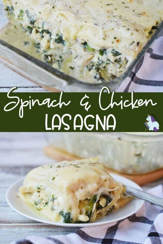 creamy chicken and spinach lasagna recipe, Spinach lasagna in the pan and sliced on a plate