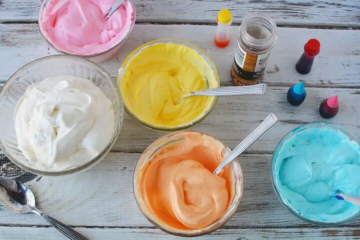 rainbow no churn unicorn ice cream recipe, Colored bowls of ice cream mixture