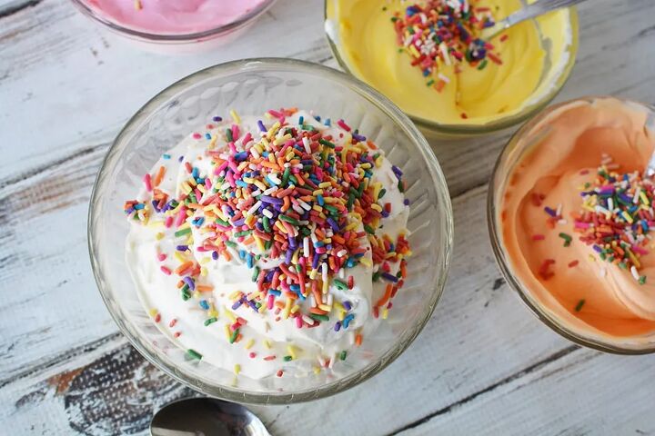 rainbow no churn unicorn ice cream recipe, Sprinkles on top of colored ice cream