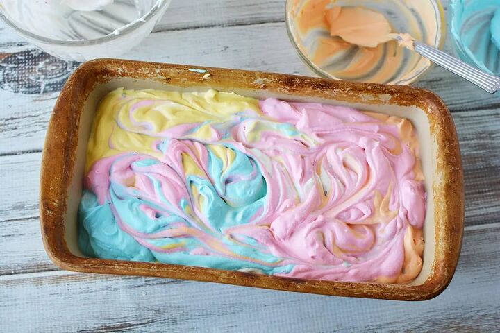 rainbow no churn unicorn ice cream recipe, Swirled unicorn ice cream in a loaf pan