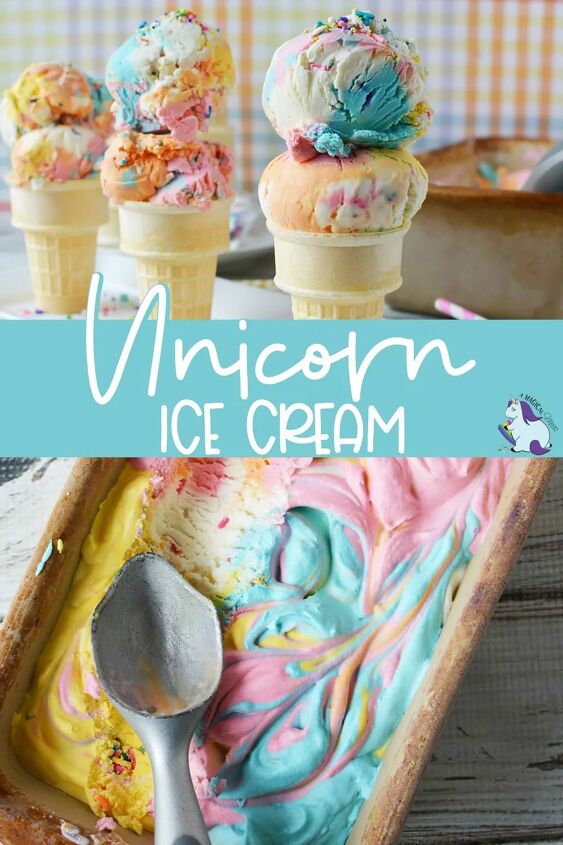 rainbow no churn unicorn ice cream recipe, Unicorn ice cream cones lined up and pan of rainbow ice cream