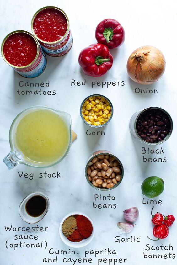 easy spicy mexican chilli bean soup with corn, All ingredients laid out on a white bakckground