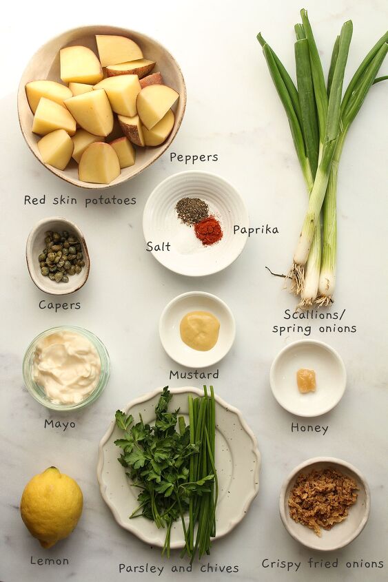 the best easy creamy red skin potato salad no egg, All recipe ingredients laid out on a white background