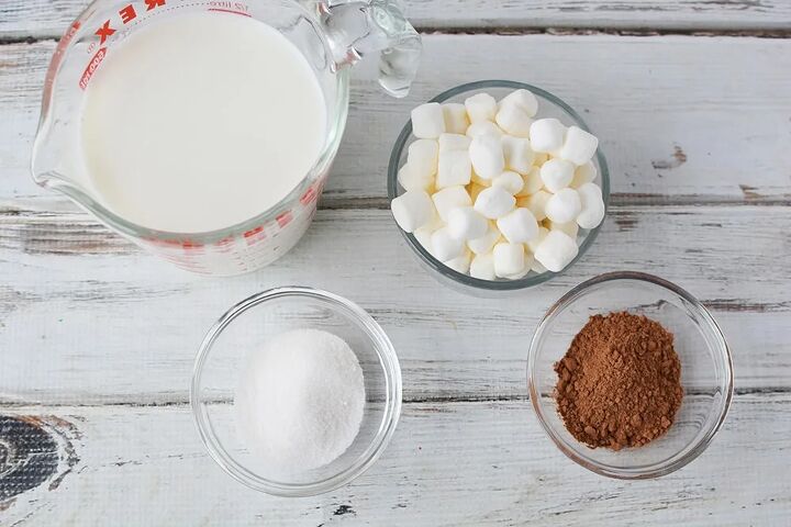 extra creamy homemade hot chocolate recipe, Milk sugar marshmallows and cocoa in bowls