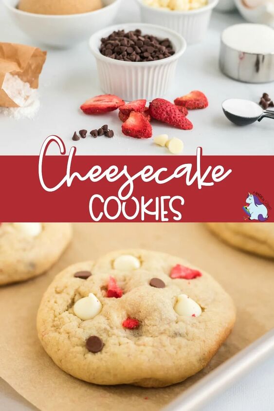 strawberry chocolate chip cheesecake cookies recipe, Cheesecake cookie ingredients and baked cookie