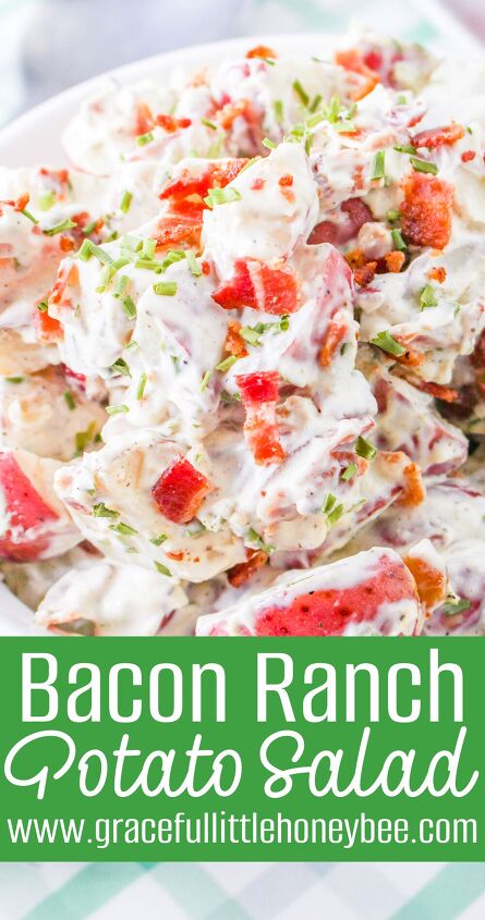 bacon ranch potato salad, A close up view of Bacon Ranch Potato Salad in a round white bowl
