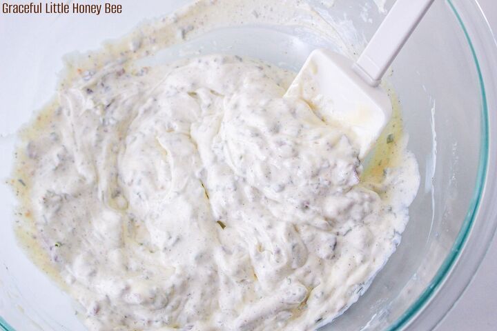 bacon ranch potato salad, Ranch and mayo in a clear glass mixing bowl