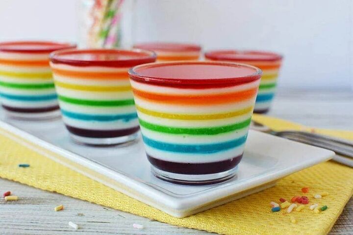 layered rainbow gelatin cups, Layered jello into rainbow colors in glass cups