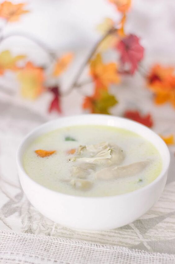 low carb cream of chicken soup, Bowl of chicken soup with fall leaves in the background