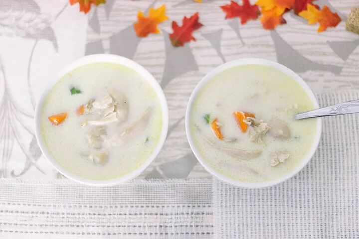 low carb cream of chicken soup, Two bowls of low carb chicken soup overhead shot
