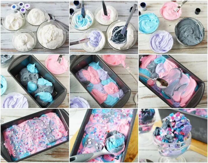 no churn galaxy ice cream recipe, A collage of the steps to take to make galaxy ice cream It starts with bowls of plain ice cream mix adding food coloring mixing and swirling and then the final ice cream scooped into a dish