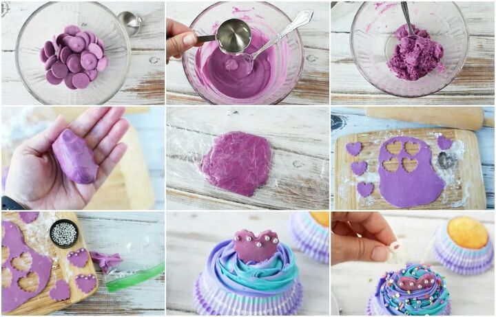 fairy cupcakes with wings, Purple candy melts in a bowl and steps to make candy clay