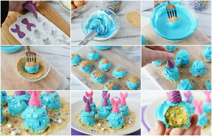 easy mermaid donut holes with fins and sand, Steps to make mermaid donut holes