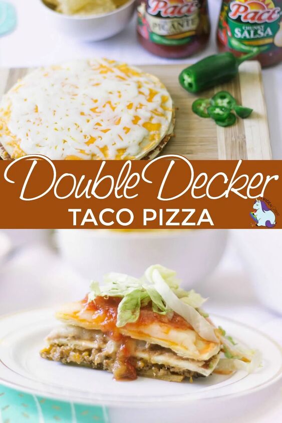 double decker taco pizza recipe, Taco pizza on a board and sliced on a plate