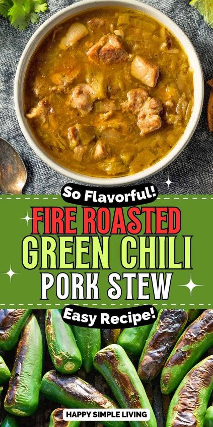 fire roasted green chile, A bowl of green chili pork stew and a pile of fire roasted green chile peppers