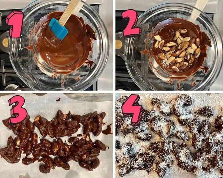 easy dark chocolate brazil nuts, process shots showing how to melt chocolate and coat brazil nuts in chocolate and shredded coconut for chocolate covered brazil nuts