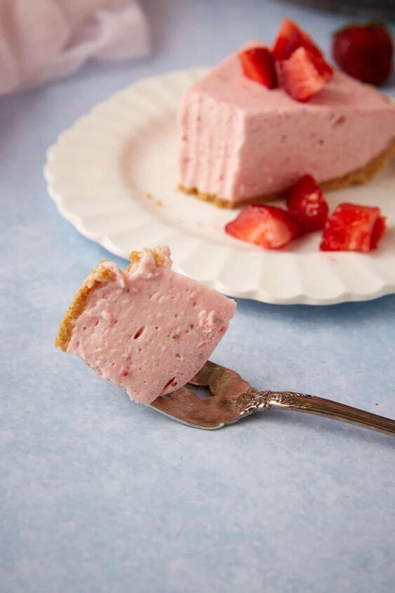 no bake strawberry cream cheese pie, A bite of strawberry cream cheese pie on a fork